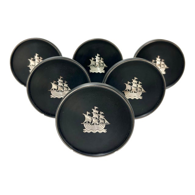 Vintage Nautical Silver Ship Coasters – Swedish Lerstorp Black Bakelite/Isolite Scandinavian Barware - Set of 6 For Sale