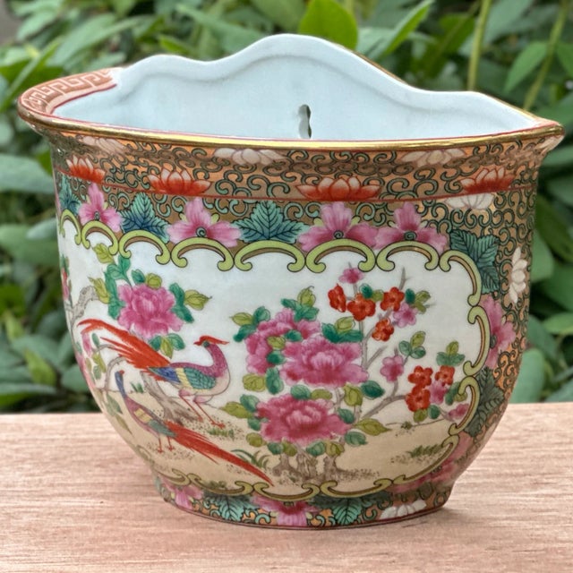 Beautiful vintage Chinese porcelain wall pocket vase of considerable size. Wonderful demilune form with piles and piles of...