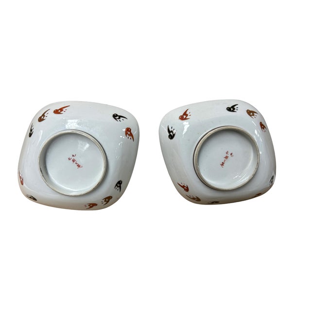 Pair Oriental Rhombus Shape Porcelain Plates Golden Scenery Graphic For Sale - Image 4 of 5