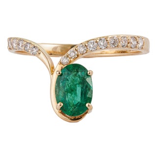 Handmade 14k Yellow Gold Natural Oval Emerald Diamond Bypass Ring Size 5.5 For Sale