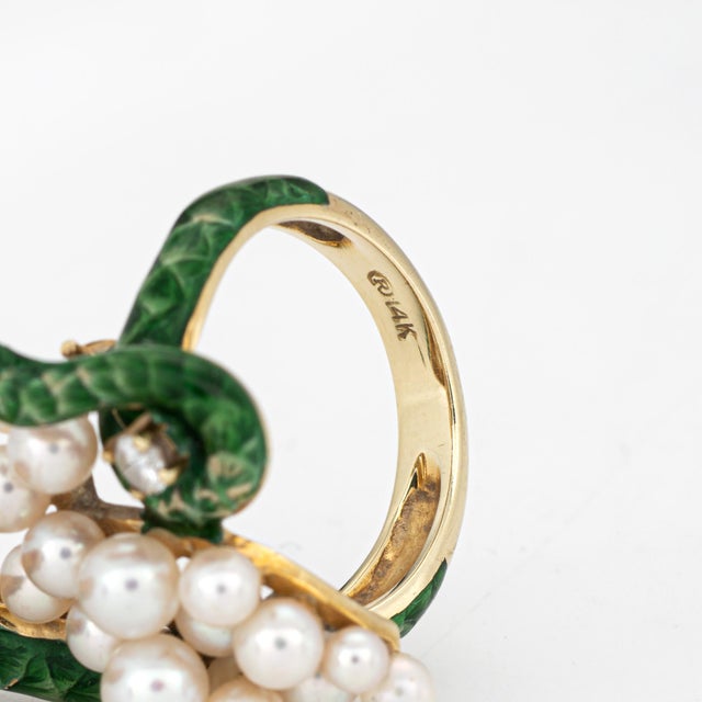 Green Vintage Enamel Snake Ring 14k Yellow Gold Sz 6 Cultured Pearl Diamond Band For Sale - Image 8 of 8