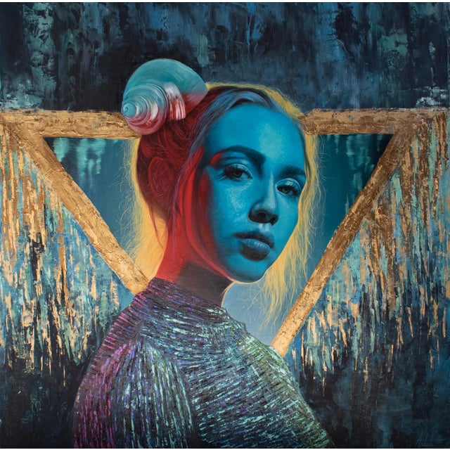 Blue Aura by Andrada Trapnell | Mixed media on board portrait of a woman with blue tones For Sale