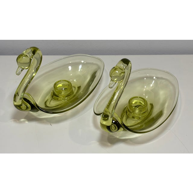 Mid-Century Modern Vintage Duncan & Miller Swan Candle Holder Pair Chartreuse 8" L Art Glass 1940s For Sale - Image 3 of 8