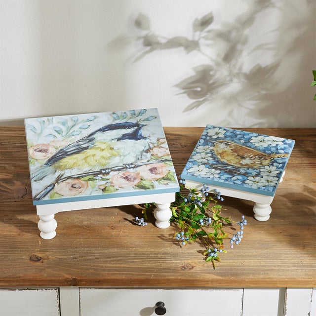 Wooden Floral Bird Pedestal Tray (Set of 2) For Sale In Chicago - Image 6 of 6