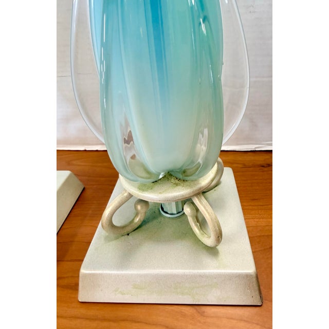 Mid 20th Century Pair of Vintage Murano Handblown Blue and Clear Glass Table Lamps For Sale - Image 5 of 6