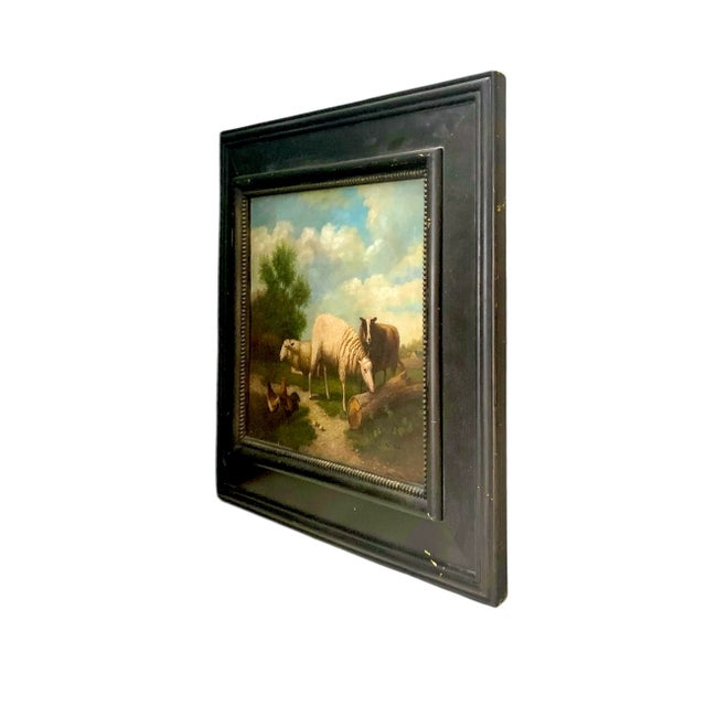 Realism Late 20th Century Realist Oil Painting, Chicken and Sheep in Nature, Signed & Framed, 36"w For Sale - Image 3 of 8