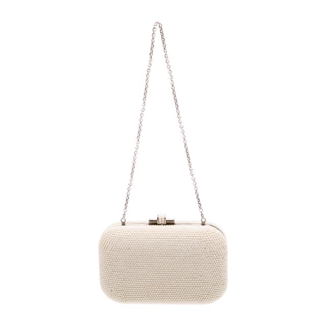2020s Judith Leiber Slide Lock Crystal Pearl Ivory White Shoulder Clutch Evening handBag Minaudière For Sale - Image 9 of 10