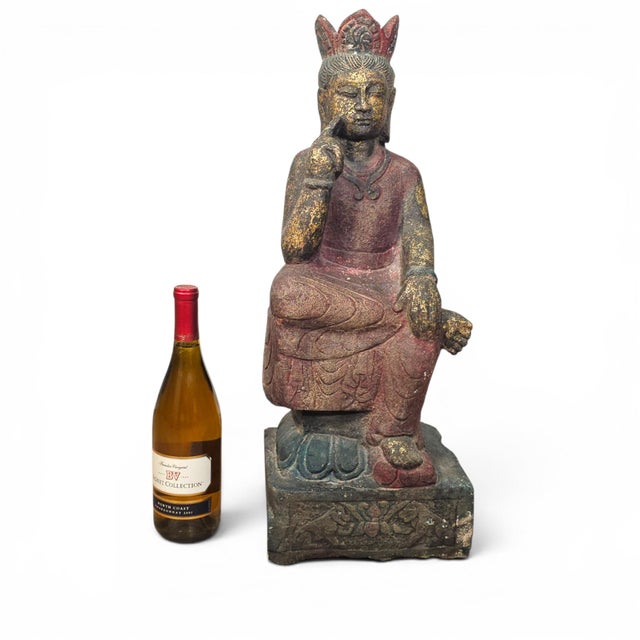 Asian Polychrome Seated Bodhisattva Sculpture on Lotus Base 23" For Sale - Image 13 of 17