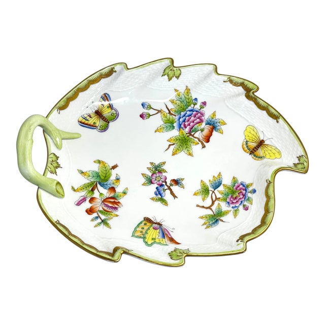 1980s Herend Queen Victoria Leaf Shaped Serving Dish, Vbo Pattern With Butterflies and Peonies, 9x8" For Sale