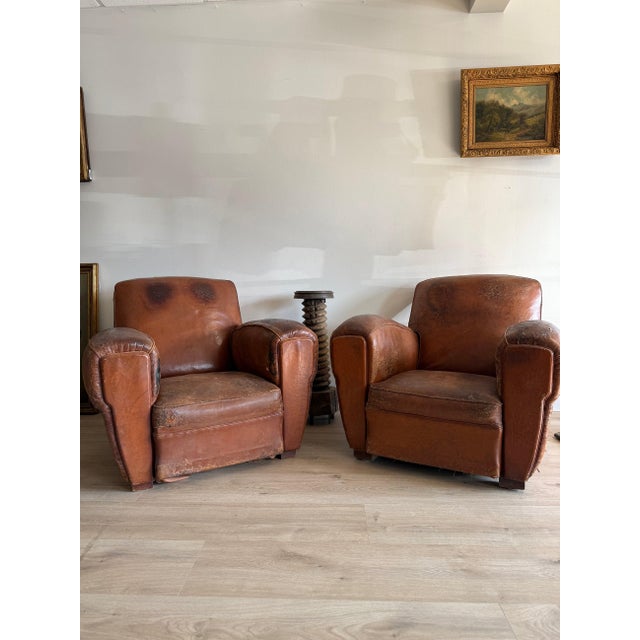 Pair of Two Vintage Oversized French Leather Club Chairs For Sale - Image 12 of 18