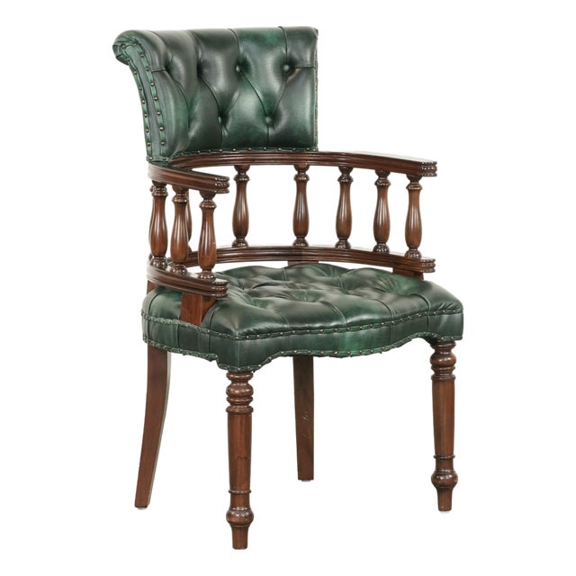 Chesterfield Desk Chair in Green Flame-Patterned Cowhide Leather For Sale