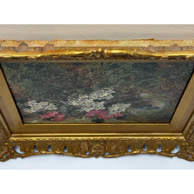 Antique Victorian Still Life Oil Painting by Oliver Clare, Signed Floral Blossom & Bird’s Nest With Blue Eggs, c.1880, Ornate Gilt Frame For Sale - Image 6 of 18
