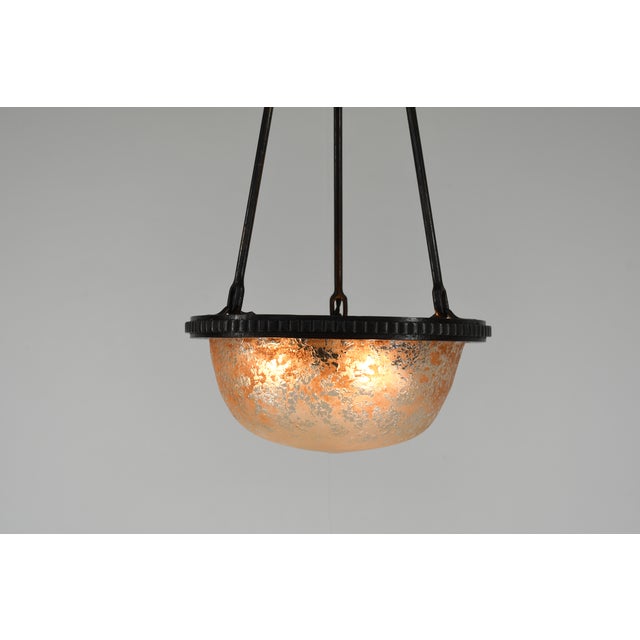 Daum French Art Deco Pendant Light 1920s - Wrought Iron & Hand-Chiseled Bowl For Sale - Image 14 of 14
