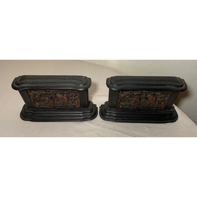 Black Pair of Antique Chinese Asian Hand Carved Wood Figural Scene Bookends Sculpture For Sale - Image 8 of 10