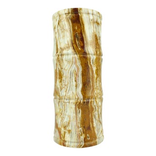Late 20th Century Modern Cylinder Bamboo Design Carved Solid Onyx Stone Vase For Sale