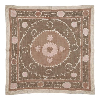 Suzani Tapestry — Vintage Hand-Embroidered Embroidery, 4'7'' X 4'8'' For Sale