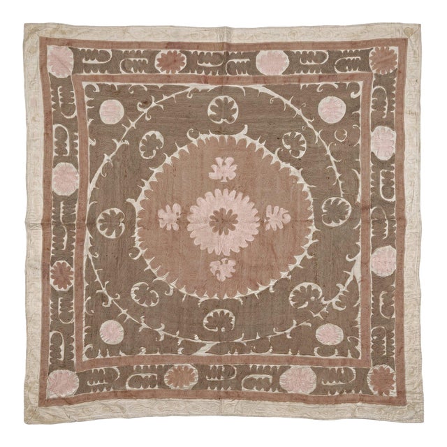 Suzani Tapestry — Vintage Hand-Embroidered Embroidery, 4'7'' X 4'8'' For Sale