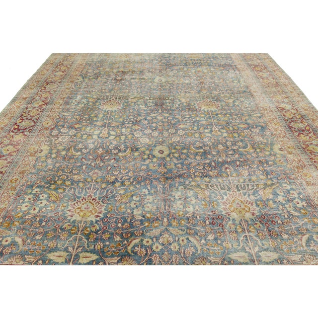Textile Antique Mashad Wool Rug With Allover Palmette Motifs & Muted Blue Patina For Sale - Image 7 of 12