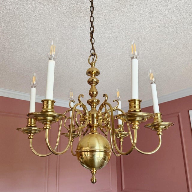 Vintage 6-Arm Dutch Queen Anne Style Brass Chandelier - 23"x26" Excellent Condition Add a touch of timeless elegance to...