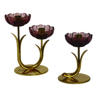 Brass and Purple Glass Flowers Candleholders from Ystad-Metall, 1950s, Set of 2 For Sale