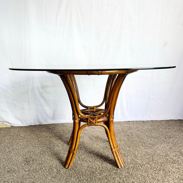 Boho Chic Rattan Rounded Square Glass Top Dining Table For Sale - Image 4 of 7