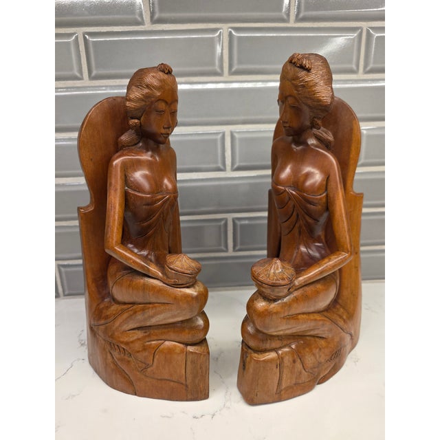 Pair of Mid-Century Balinese Art Deco Mahogany Maiden Bookends – Keradjinan Bali Stamped For Sale - Image 4 of 12