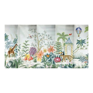 Hand‑Painted Whimsical Tropical Safari Chinoiserie Wall Mural For Sale