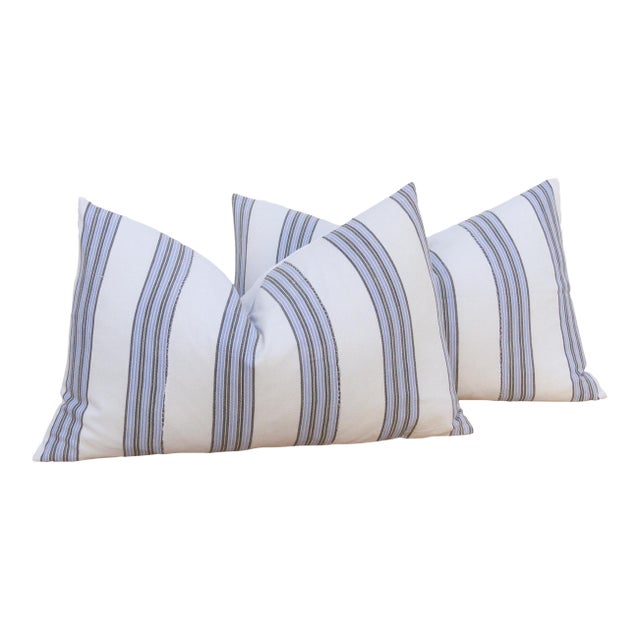 Vintage French Farmhouse Stripe Lumbar Pillows, a Pair For Sale