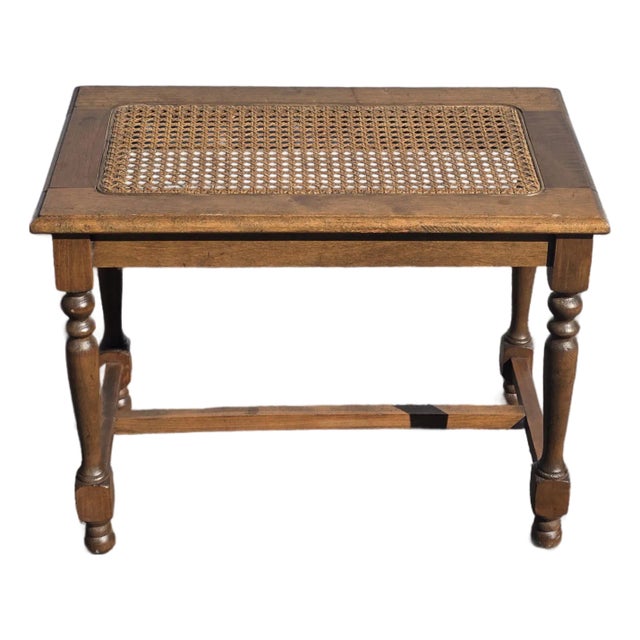 Vintage French Country Brown Cane PIano Bench Stool For Sale