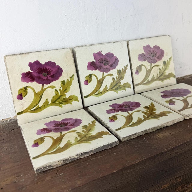 Antique Art Nouveau Floral Ceramic Tiles, 1890s, Set of 6 For Sale - Image 5 of 13