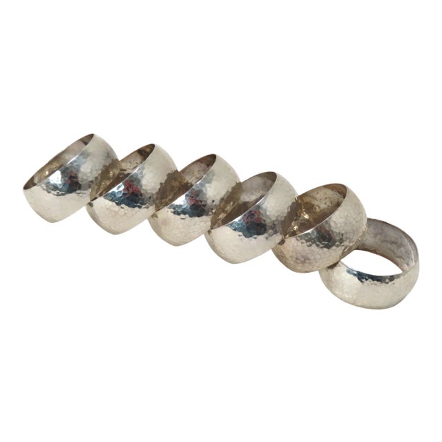 Hand Made Arts & Crafts Sterling Silver Napkin Rings Set 6 For Sale