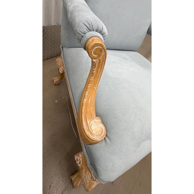 Coastal 1980s Pair of Kreiss Powder Blue Wood Carved Bergere Chairs For Sale - Image 3 of 4