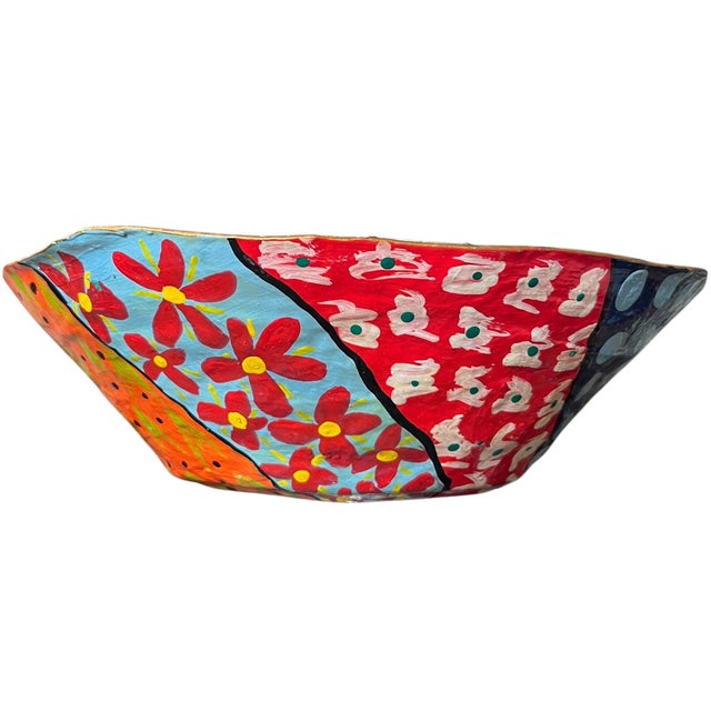 Folk Art Vintage Hand-Painted Papier-Mâché Bowl – Colorful Folk Art, Memphis Style Patchwork Centerpiece For Sale - Image 3 of 7