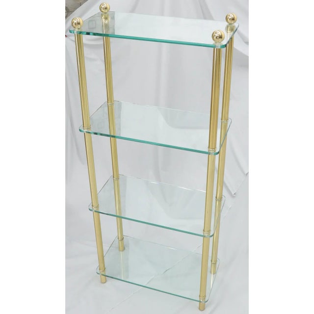 Mid-Century Modern Petit Compact Class and Brass 4-Tier Étagère Shelf Bookcase For Sale - Image 3 of 11