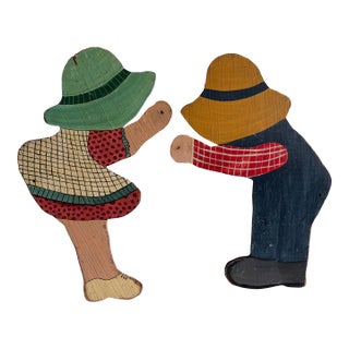 Vintage Hand-Painted Wooden Garden Child Silhouettes – Pair, Folk Art Yard Decorations For Sale