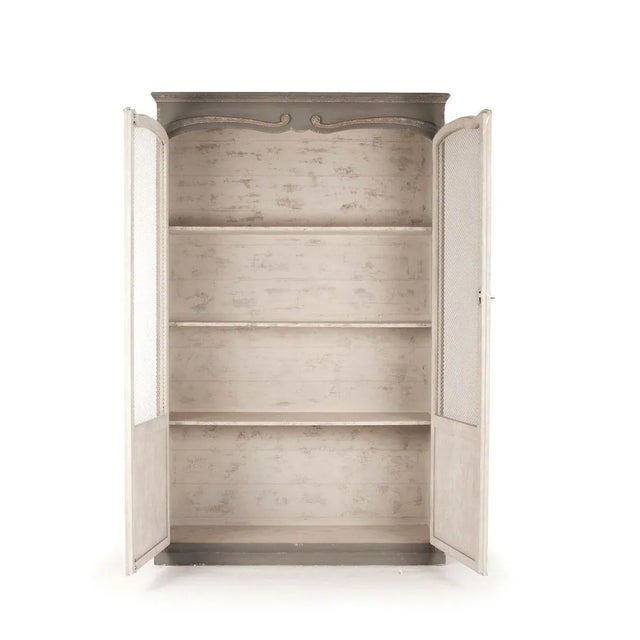 Display cabinet with distressed grey body and distressed off-white doors.
