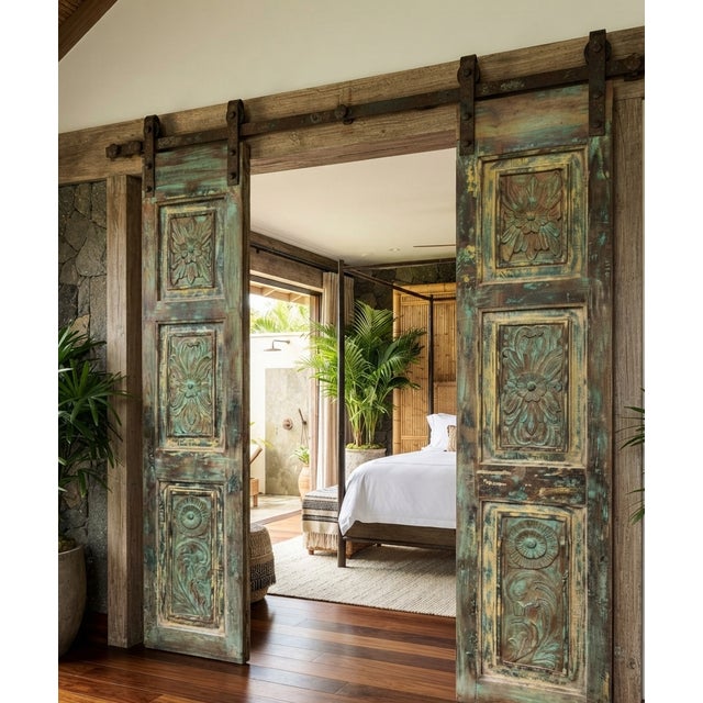 Wood Antique Green Floral Double Doors Rustic Sliding Barn Doors 80x35 For Sale - Image 7 of 7
