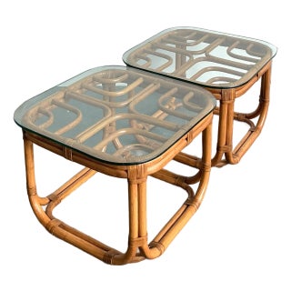 Vintage Boho Brown Jordan Bent Rattan Side Tables - A Pair For Sale