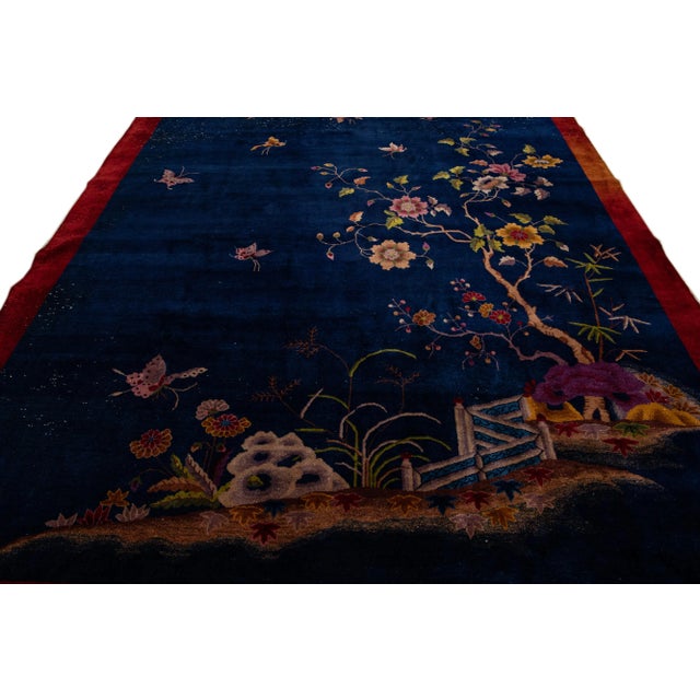 Art Deco Antique Art Deco Chinese Handmade Floral Blue Wool Rug For Sale - Image 3 of 13