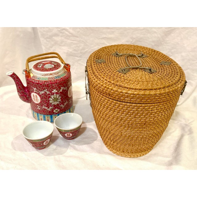 Vintage Red Mun Shou Longevity Tea Set in Rattan Traveling Basket For Sale - Image 9 of 10