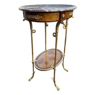1980 French Louis XVI Gold Mahogany Marble Side Table Bronze For Sale