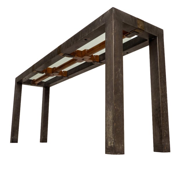 Vintage Brutalist Iron, Brass & Wood Console Table W/ Thick Beveled Glass Insert For Sale - Image 13 of 18