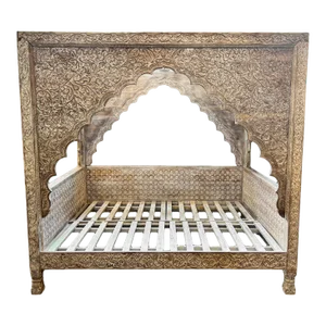 Vintage Carved White Wash Canopy Queen Daybed