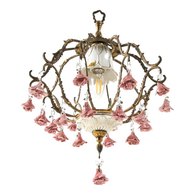 Vintage Petite European Brass and Ceramic Rose Chandelier For Sale