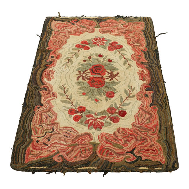 Rug & Kilim Antique Hooked Rug in Cream & Pink With Colorful Floral Medallion | Rug & Kilim For Sale - Image 4 of 8