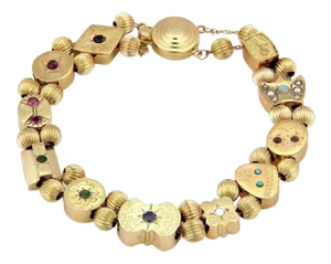 Late 20th Century Multi-Color Gems 14k Yellow Gold 11 Slide Charms Bracelet