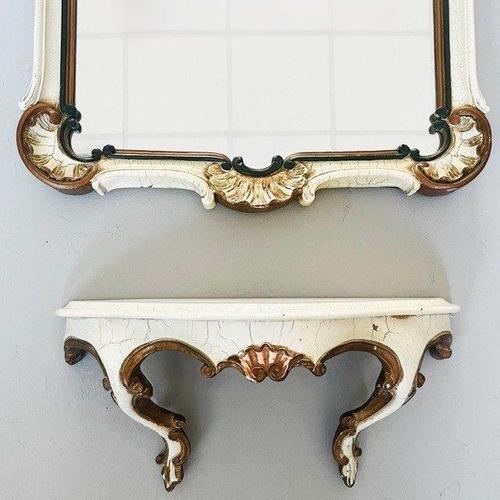 Baroque Mid-Century Italian Baroque Style Cream and Gilt Crackled Mirror and Wall Console, 1950s, Set of 2 For Sale - Image 3 of 14