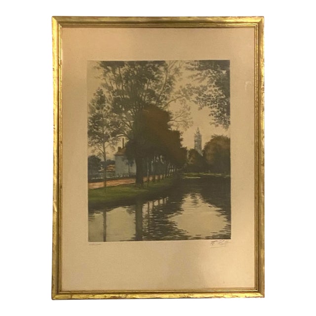 Antique French Canal Landscape Etching Signed F. Roth, Framed For Sale