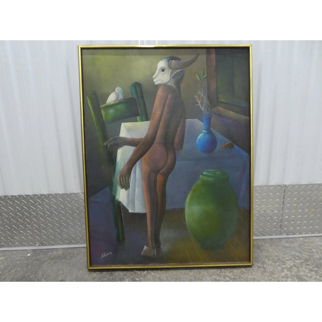 Large mysterious surreal Haitian painting of half goat half human sold as found in vintage condition showing normal signs...