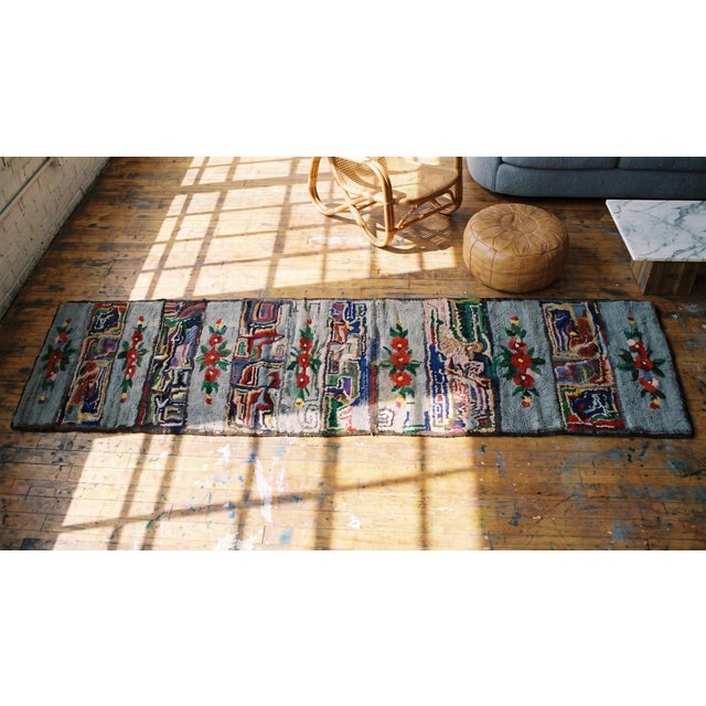 Textile 1930s Multicolor Floral Folk Art Antique American Hooked Rug 2'3" X 17'8" Handknotted Wool Carpet For Sale - Image 7 of 9